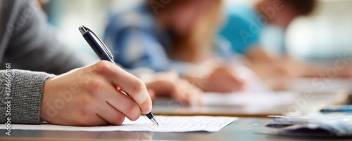 A student is carefully writing on a piece of paper during an exam in a classroom setting with.