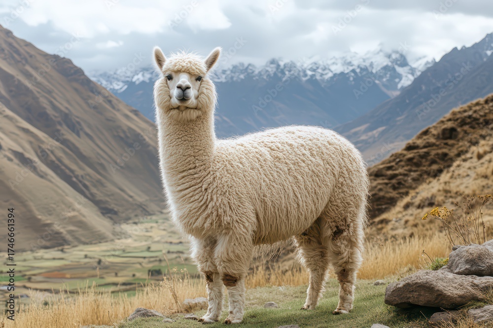 Fototapeta premium White alpaca standing on a grassy hill with mountains background. South american animal portrait. Andean wildlife. Farm life.