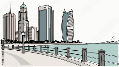 Coastal Cityscape Illustration Modern Architecture Waterfront Promenade Skyscrapers Ocean View Urban Design Travel Vacation City Background Seaside Landmark Skyline Tourism Building.