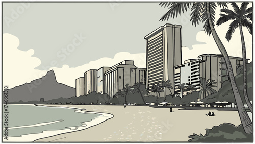 Coastal Cityscape Illustration Beachfront Buildings Tropical Vacation Summer Scene Ocean View Palm Trees Sandy Beach Seaside Resort Vacation Destination Holiday Travel Exotic Getaway A.