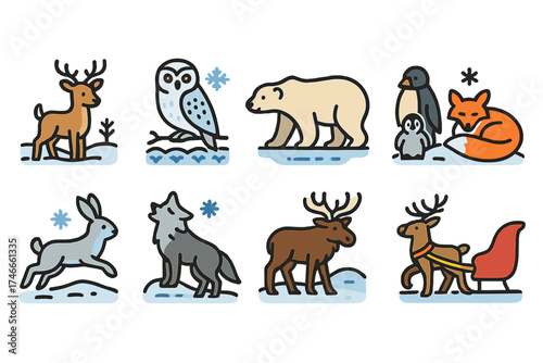 Winter animals icon set. flat wildlife icons for seasonal design projects