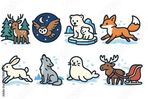 Wildlife and winter flat icon set. animal, nature, arctic icons collection