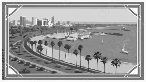 Coastal Cityscape Monochrome Illustration of Waterfront Promenade Palm Trees and City Skyline.