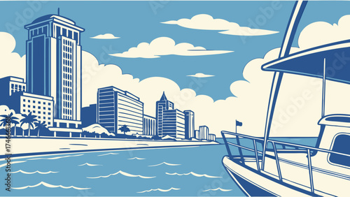 Coastal Cityscape with Boat Summer Vacation Tropical Beach Ocean View Blue Sky Waterfront Property Seaside Resort Travel Poster Design Luxury Yacht City Skyline Palm Trees Beachfront B.