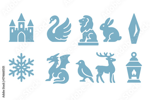 Fantasy icon set: mystical creatures and symbols in glowing silhouette style