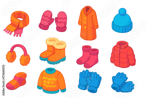 Winter clothing icon set. cozy, colorful flat icons for winter apparel and accessories.