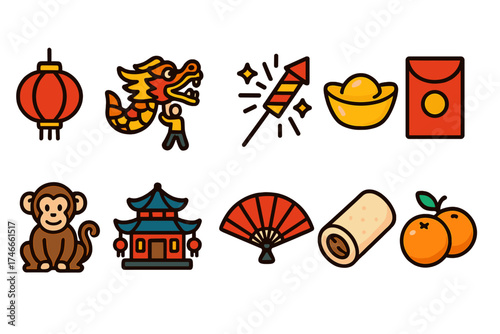 Chinese new year flat icon set: lanterns, dragons, and lucky symbols collection