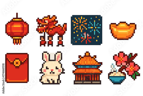 Chinese new year icon set. vibrant pixel art celebrating lunar new year traditions.
