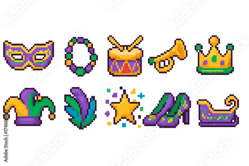 Carnival, mardi gras pixel icon set. festive, celebration icons in pixel art style.