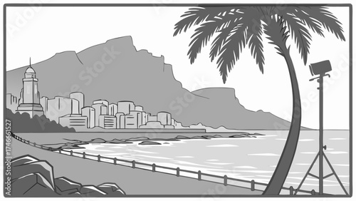 Coastal Cityscape with Palm Tree and Lighting Equipment Illustration.