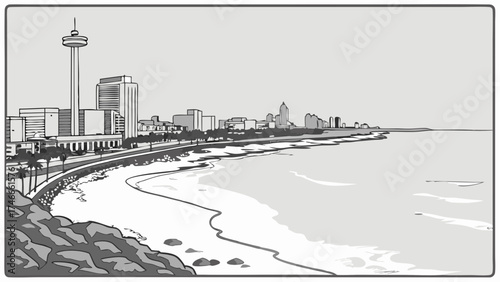 Coastal Cityscape Beach Skyline Urban Illustration Grey Scale Monochrome Seascape Ocean View Architecture Buildings Summer Vacation Travel Tourism Holiday Cityscape Illustration Ha.