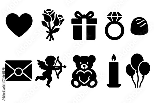 Valentine's day silhouette icon set. love, romance, gift silhouettes collection