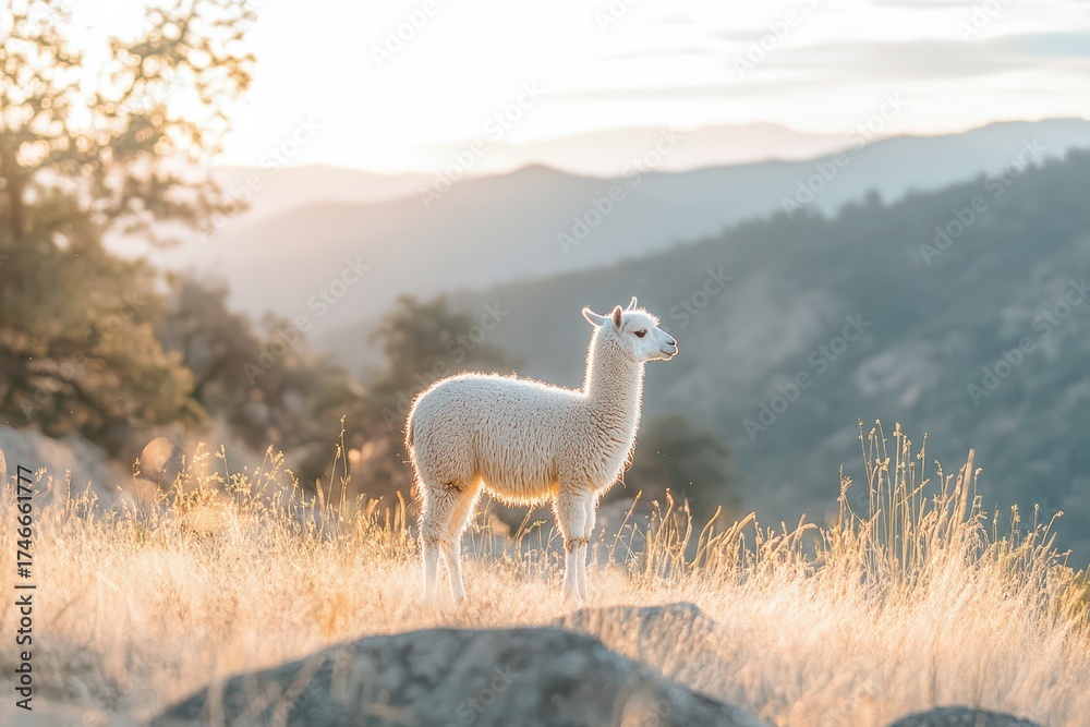 Fototapeta premium White baby alpaca standing in grassy field on a mountain during golden hour sunset. Cute farm animal against nature backdrop for wildlife concept.
