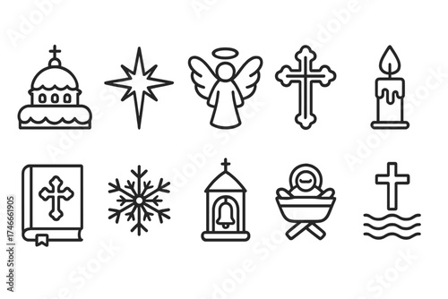 Christmas, religion line icon set. holiday, christianity symbols in outline style