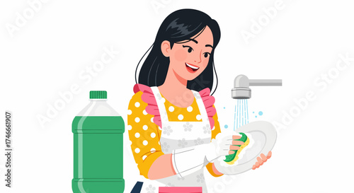 An illustration of a smiling woman wearing an apron and gloves, washing a plate with a sponge under a running faucet, with a bottle of dish soap nearby.