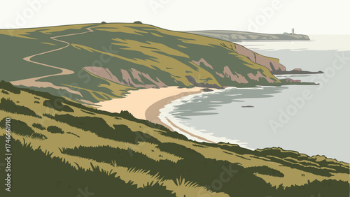 Coastal Landscape Illustration Serene Beach Scene Ocean View Cliffside Path Green Hills Sandy Shore Summer Vacation Travel Poster Nature Illustration Artistic Rendering Coastal Scenery.