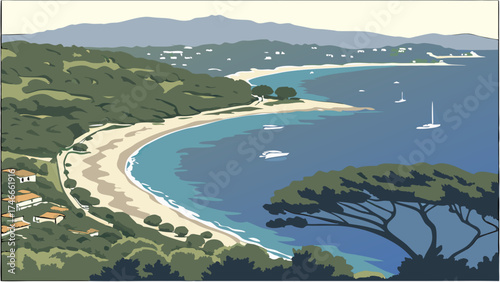 Coastal Landscape Illustration Serene Beach Ocean View and Lush Greenery.