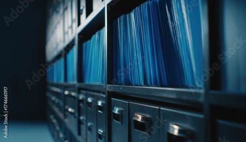 Long row of metal filing cabinets filled with blue binders and documents in an