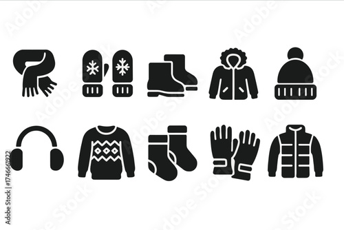 Winter clothing icon set. cozy outfit elements in silhouette style for seasonal designs