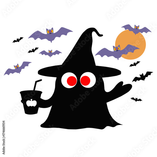 Cute ghost witch with bats and full moon. Spooky Halloween cartoon character holding drink. Funny Halloween vector illustration for poster, card, or background