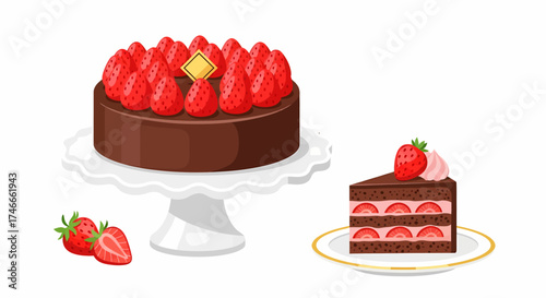 A delicious chocolate cake topped with fresh strawberries, served on a white cake stand.