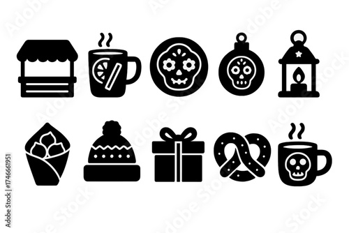 Dia de los muertos silhouette icon set. mexican holiday dark silhouettes collection