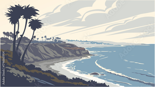 Coastal Landscape with Palm Trees and Ocean Waves Summer Vacation Travel Poster or Idyllic Scene Illustration.