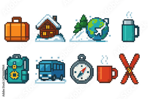 Travel and adventure pixel icon set. retro pixelated icons for vacation planning