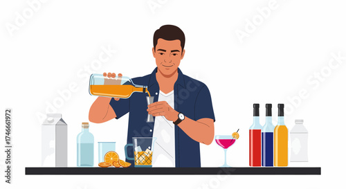 A bartender is pouring a drink into a glass, preparing a cocktail at a bar.
