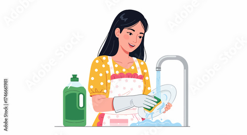 Woman washing dishes with soap and water in the kitchen sink.