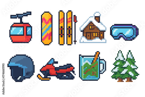 Winter sports icon set. skiing, snowboarding pixel art icons flat collection