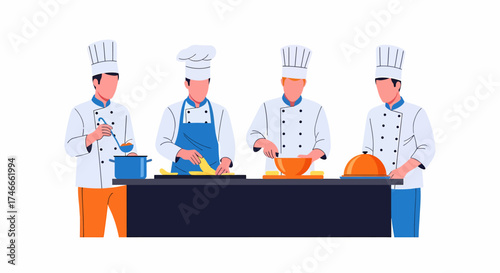 Chefs preparing food at a counter in a restaurant kitchen.