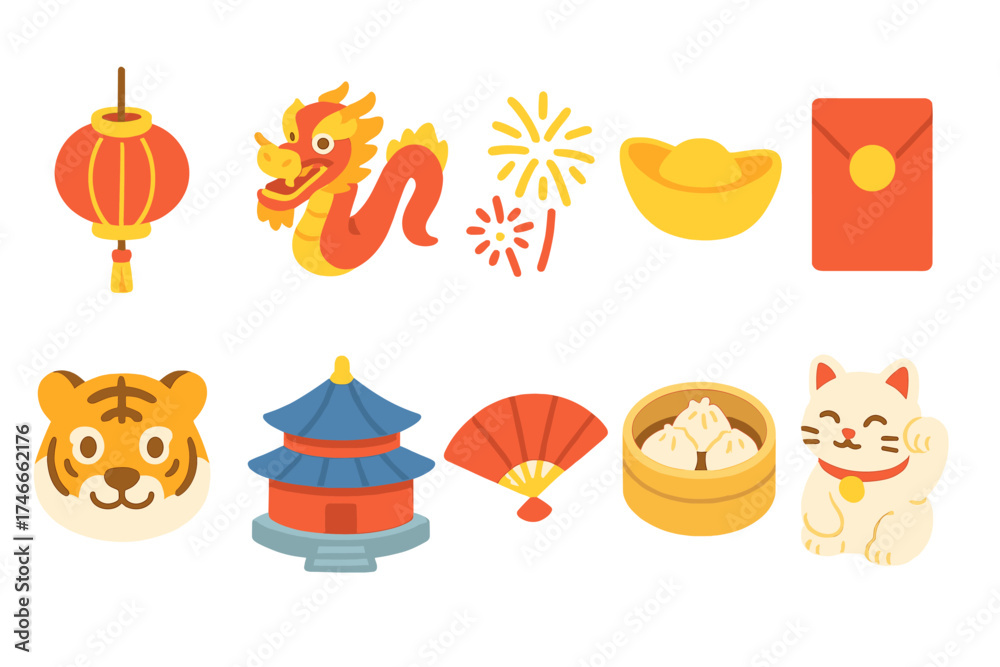 Fototapeta premium Chinese new year flat icon set. lunar, festive icons collection for celebration themes.