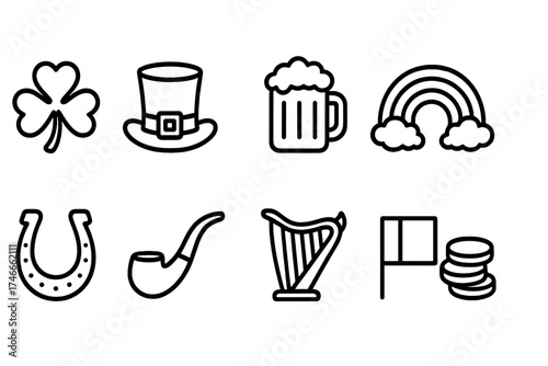 St. patrick’s day outline icon set. irish symbols and celebration outline icons collection