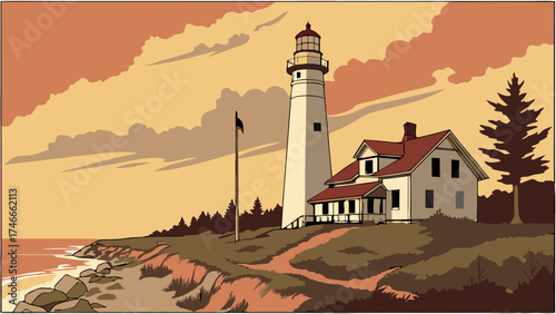 Coastal Lighthouse and Keepers House at Sunset Vintage Illustration.