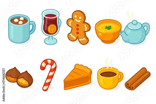 Winter beverages and treats icon set: cozy icons in a filled style for holiday joy