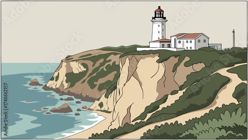Coastal Lighthouse on Clifftop Ocean View Seascape Illustration.