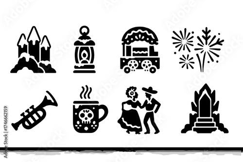 Mexican culture solid icon set. traditional celebrations and festivals icons collection