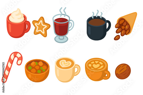 Coffee and tea icon set. cozy drinks and snacks in a flat style collection