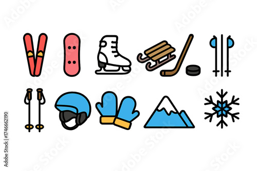 Winter sports outline icon set. skiing, snowboarding gear collection in outline style