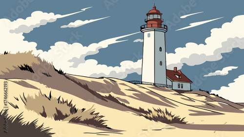 Coastal Lighthouse on Sandy Dunes Sunny Sky Illustration Vector Graphic.
