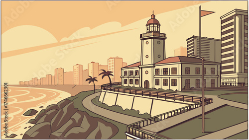 Coastal Lighthouse Ocean View Cityscape Illustration Summer Vacation Seaside Scenery Travel Poster Design Building Architecture Palm Trees Beach Waves Sunset Warm Colors Calm Sea Gra.