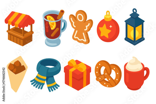 Christmas holiday 3d icon set. festive winter decorations and hot drinks collection