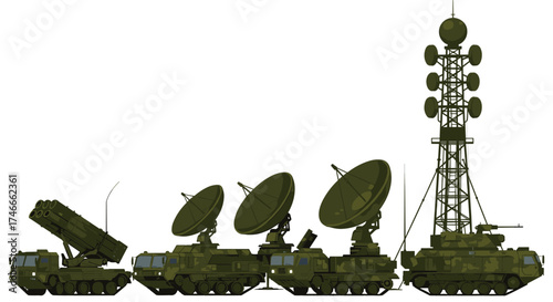Military missile launcher, radar vehicles, communication tower, defense system, camouflage equipment, tactical technology, battlefield surveillance, mobile command unit, army hardware, 