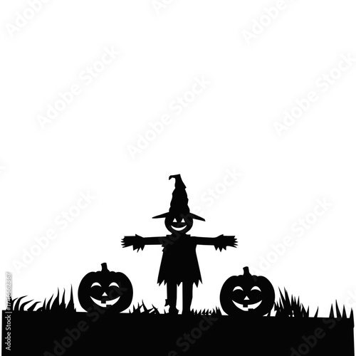Halloween scarecrow with pumpkins silhouette in field. Spooky Halloween night scene with grass and dark vector design for poster or background