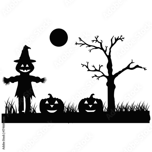 Halloween scarecrow with pumpkins and tree silhouette, spooky night scene with full moon and grass, dark Halloween vector design for poster or background