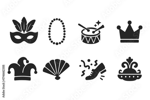 Mardi gras celebration silhouette icon set. festive, party, carnival silhouette icons