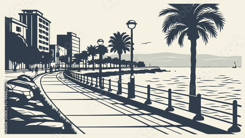 Coastal Promenade with Palm Trees and City Skyline Summer Vacation Illustration.
