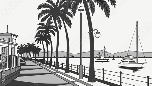Coastal Promenade with Palm Trees and Boats in Monochrome Illustration.