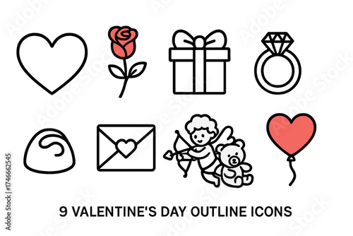 Valentine’s day outline icon set. romantic, love symbols outline collection